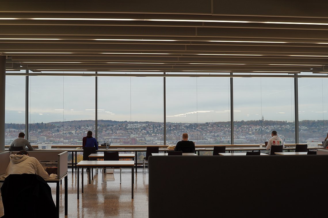 Studierende lernen in der Bibliothek mit Sicht auf die Stadt Pforzheim