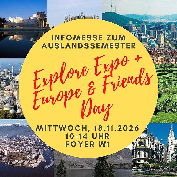 Einladung zur Auslands-Infomesse ExploreExpo mit Europe & Friends Day am 18.11.2026 im Foyer W1 der Hochschule Pforzheim