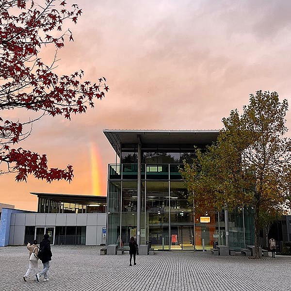 Die Bibliothek der Business School im Morgenrot mit bunt gefärbten Laubbäumen im Vordergrund