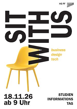 Der Slogan "Sit with us" steht in schwarzer Schrift über einem gelben Stuhl als Hinweis auf den Studieninformationstag an der Business School Pforzheim