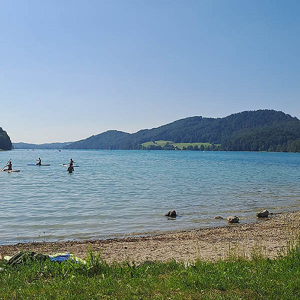 Badesee nahe Salzburg im Sommer mit klarem Wasser, Liegewiese und Hügellandschaft im Hintergrund
