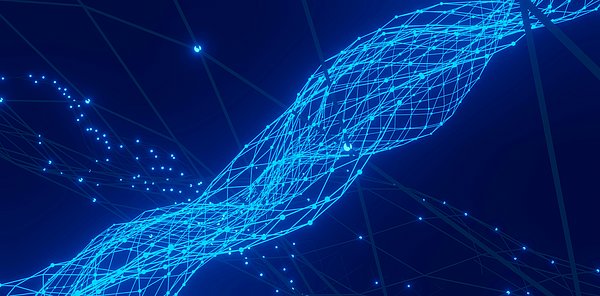 blaue leuchtende Stränge in einem dreidimensionalen Raum