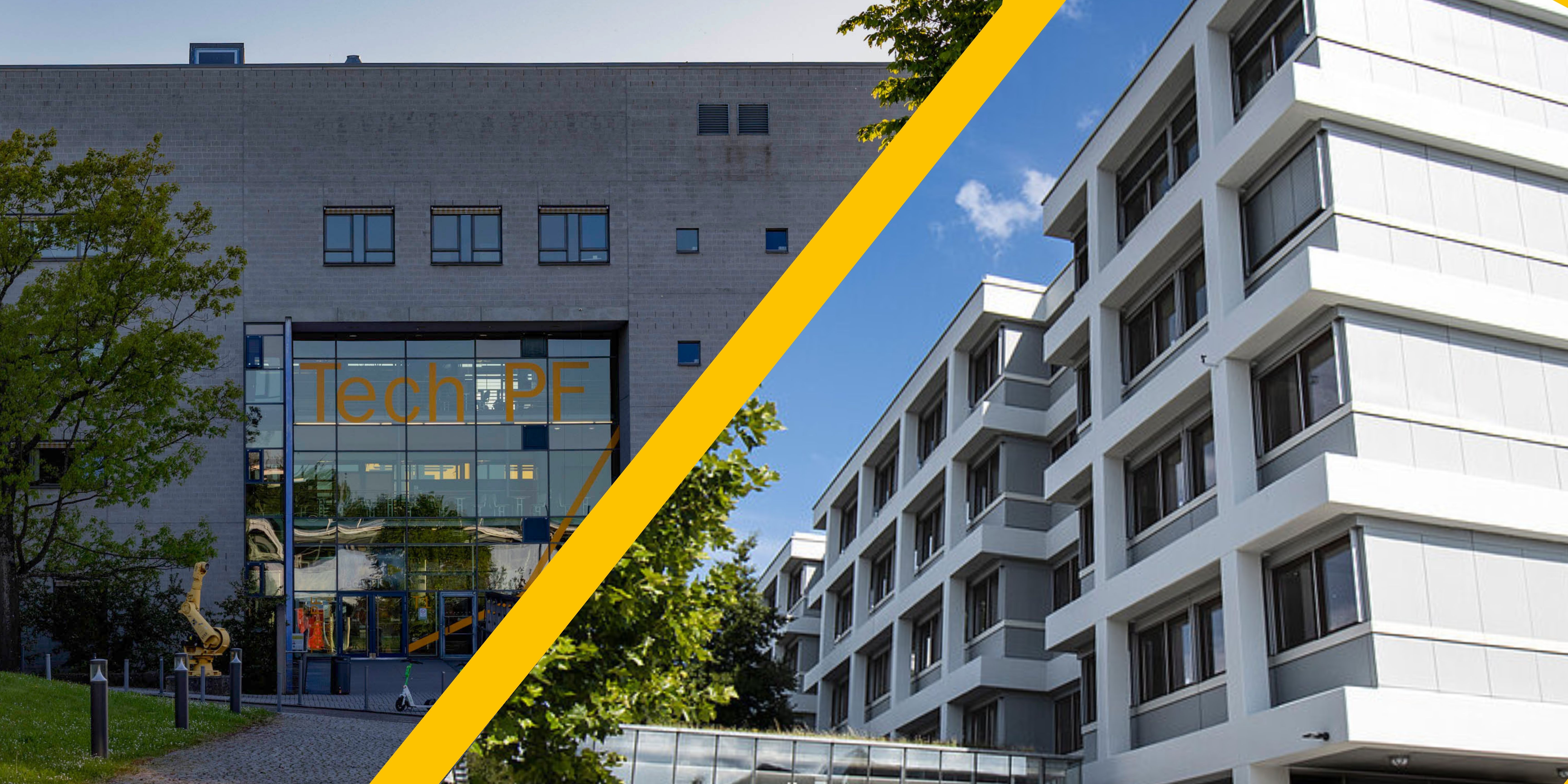 Gebäude der Fakultät für Technik mit einem Schrägstrich daneben Gebäude der Fakultät für Wirtschaft und Recht.