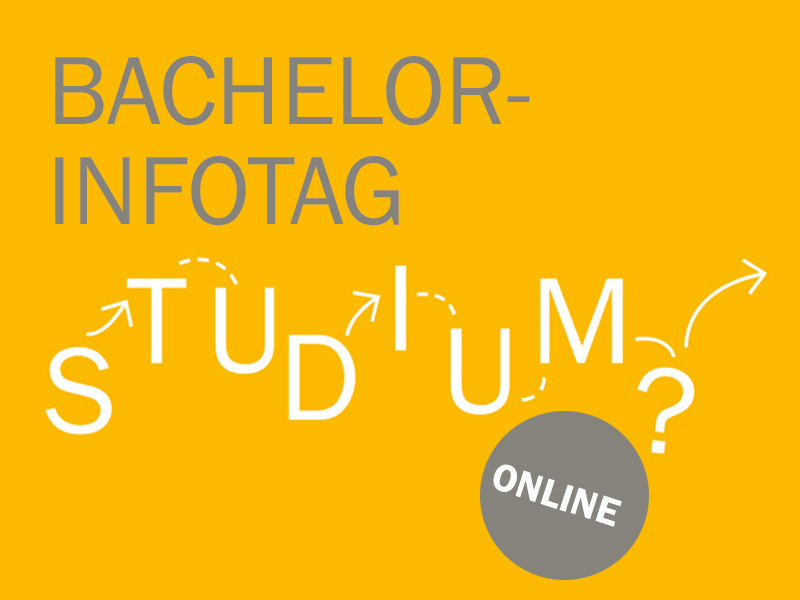 Die Frage "Studium?" steht auf gelbem Hintergrund und weist auf den Bachelor-Infotag hin
