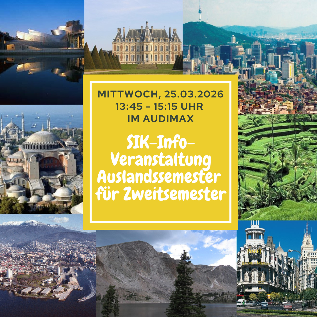 SIK-Infoveranstaltung Auslandssemester für Zweitsemester steht auf einer Collage aus Fotos aus aller Welt, die Internationalität symbolisiert