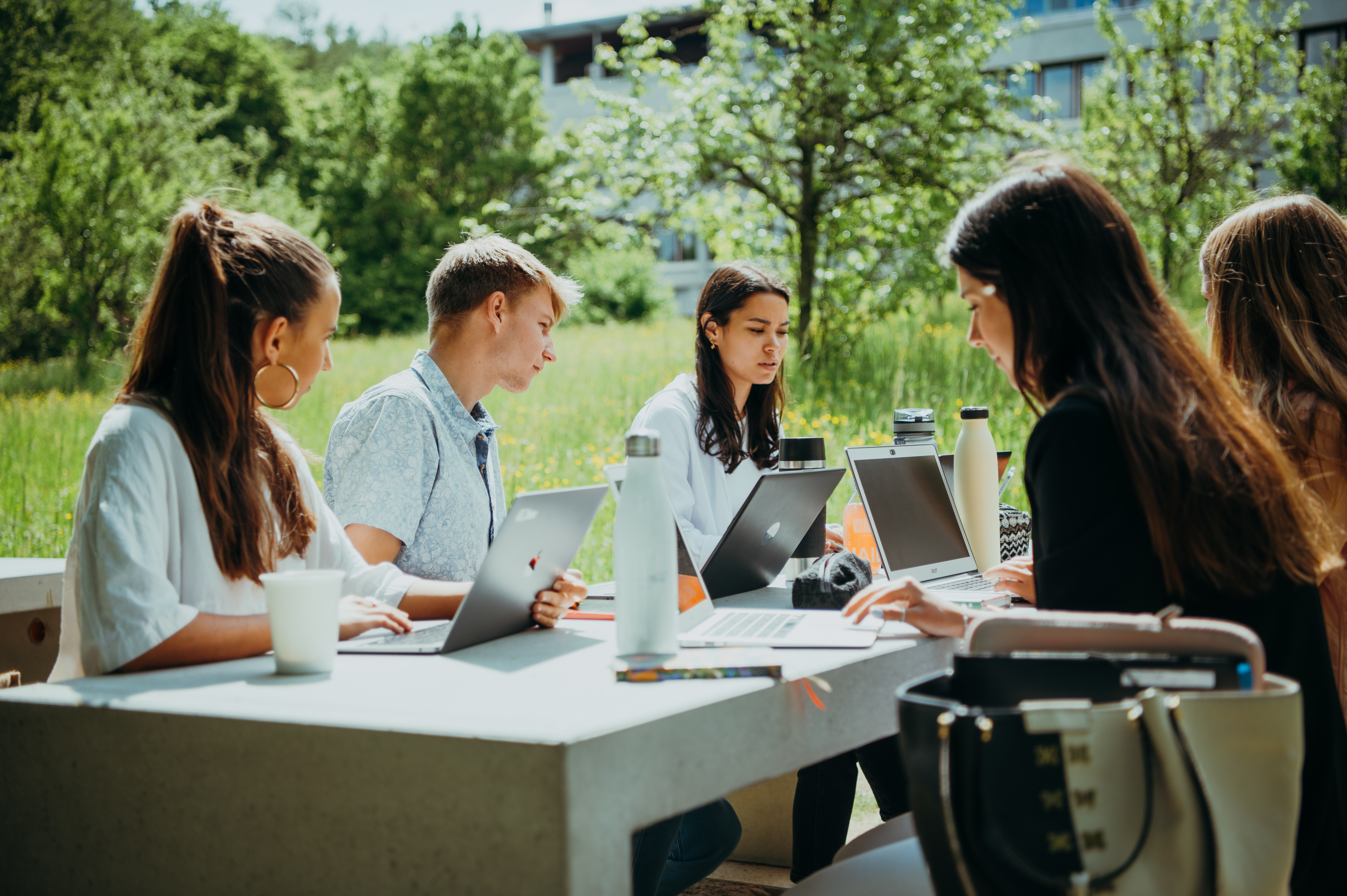 Bewerbung_Business_School_Pforzheim Five students sitting outdoor at a table working on their laptops in the sunshine..